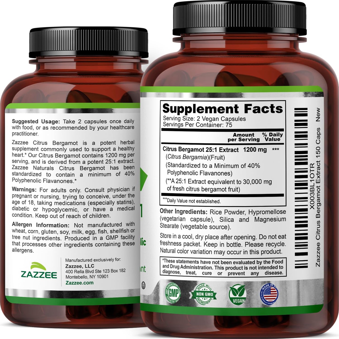Zazzee Citrus Bergamot 25:1 Extract – 1200 mg, 150 Vegan Capsules, Kosher & Non-GMO, Made in USA