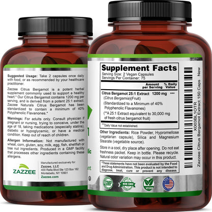 Zazzee Citrus Bergamot 25:1 Extract – 1200 mg, 150 Vegan Capsules, Kosher & Non-GMO, Made in USA