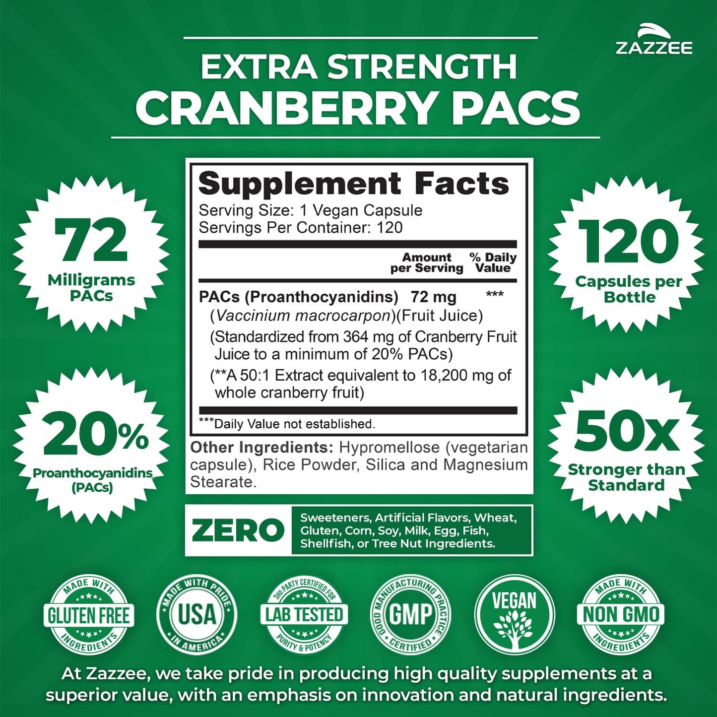 Zazzee Cranberry PACs – 72 mg per Capsule, 2x Strength, 120 Vegan Capsules, 50:1 Extract, Made in USA