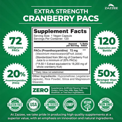 Zazzee Cranberry PACs – 72 mg per Capsule, 2x Strength, 120 Vegan Capsules, 50:1 Extract, Made in USA