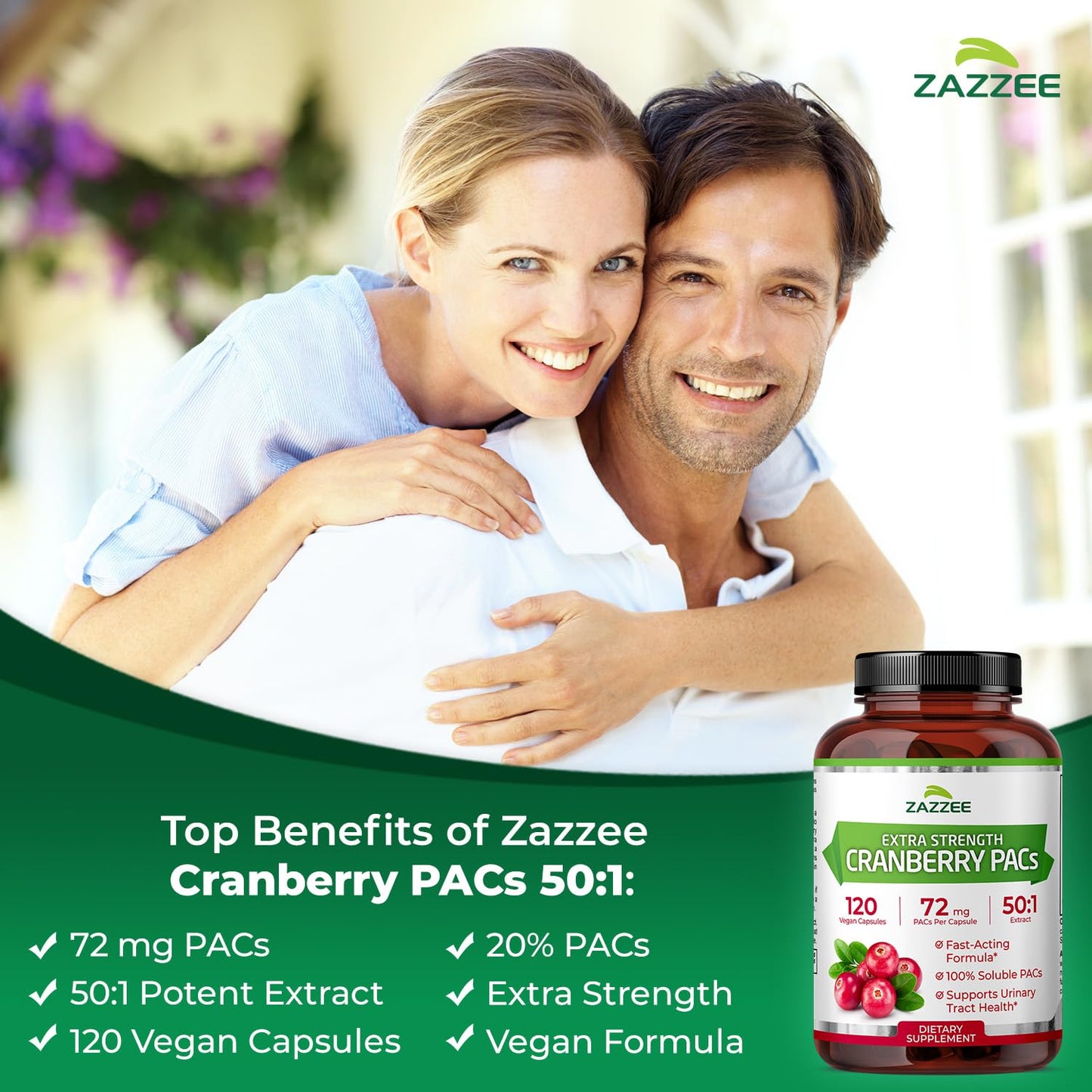 Zazzee Cranberry PACs – 72 mg per Capsule, 2x Strength, 120 Vegan Capsules, 50:1 Extract, Made in USA