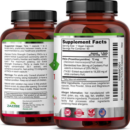 Zazzee Cranberry PACs - 72 mg PACs per Capsule, 2X Strength, 60 Vegan Capsules, 50:1 Extract, Made in USA