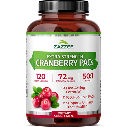 Zazzee Cranberry PACs – 72 mg per Capsule, 2x Strength, 120 Vegan Capsules, 50:1 Extract, Made in USA