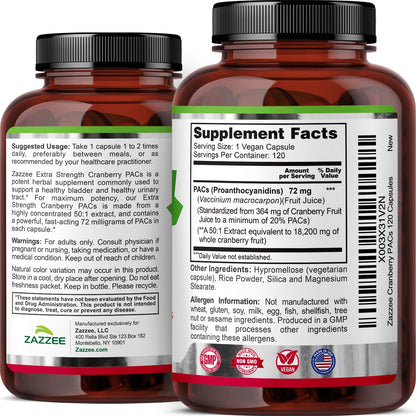 Zazzee Cranberry PACs – 72 mg per Capsule, 2x Strength, 120 Vegan Capsules, 50:1 Extract, Made in USA