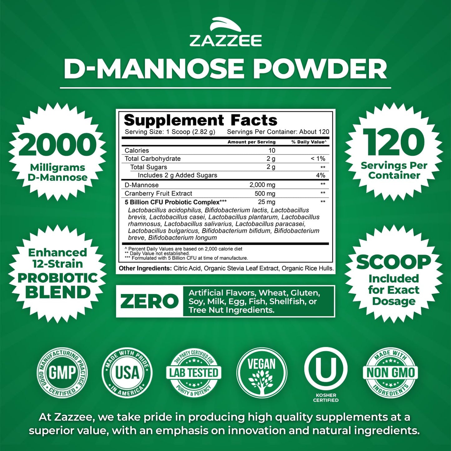 Zazzee D-Mannose Powder Plus with Probiotics & Cranberry Juice Extract | 2000 mg, 120 Servings