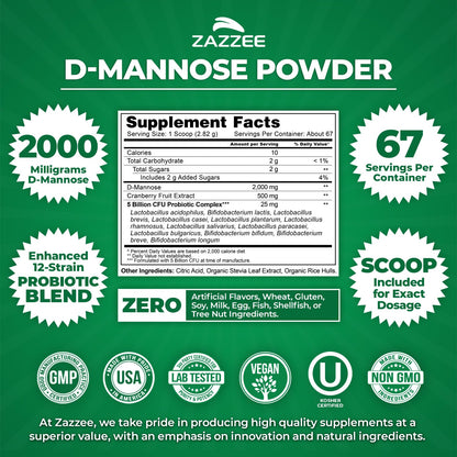 Zazzee D-Mannose Powder Plus 2000 mg | 67 Servings | Probiotics + Cranberry Extract | Kosher, Gluten-Free, Non-GMO