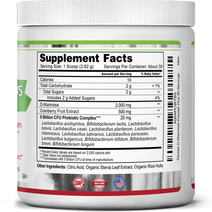 Zazzee D-Mannose Powder Plus – 2000 mg, Probiotics, Cranberry, 30 Servings
