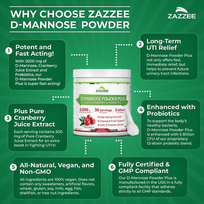 Zazzee D-Mannose Powder Plus – 2000 mg, Probiotics, Cranberry, 30 Servings