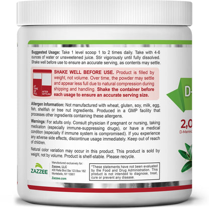 Zazzee D-Mannose Powder Plus – 2000 mg, Probiotics, Cranberry, 30 Servings
