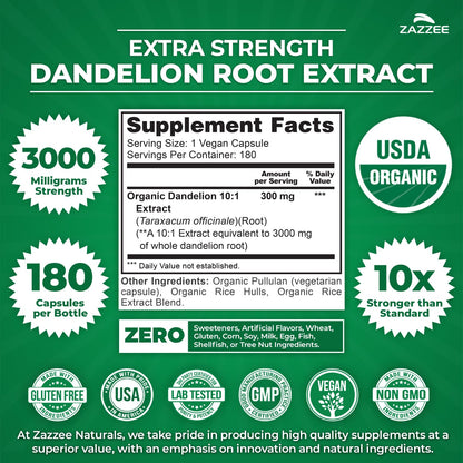 Zazzee USDA Organic Dandelion Root 10:1 Extract – 3000 mg, 180 Capsules, 6 Month Supply