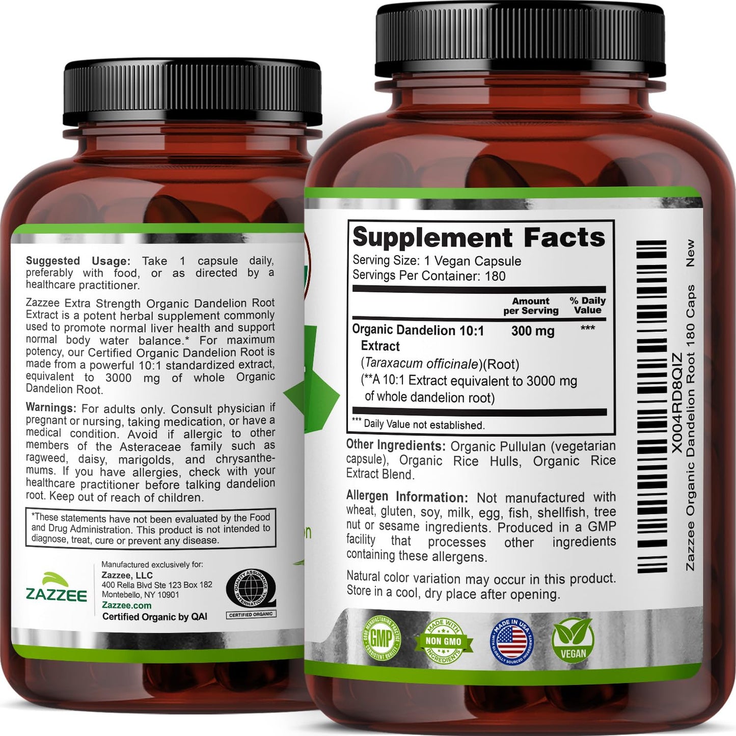 Zazzee USDA Organic Dandelion Root 10:1 Extract – 3000 mg, 180 Capsules, 6 Month Supply