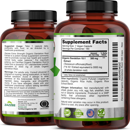 Zazzee USDA Organic Dandelion Root 10:1 Extract – 3000 mg, 180 Capsules, 6 Month Supply
