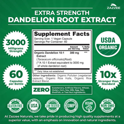 Zazzee Organic Dandelion Root 10:1 Extract - 3000 mg, 60 Capsules, 2-Month Supply