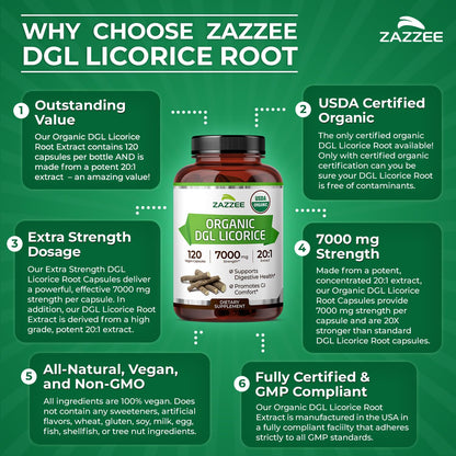 Zazzee USDA Organic DGL Licorice 7000 mg | 20:1 Extract | 120 Veg Capsules