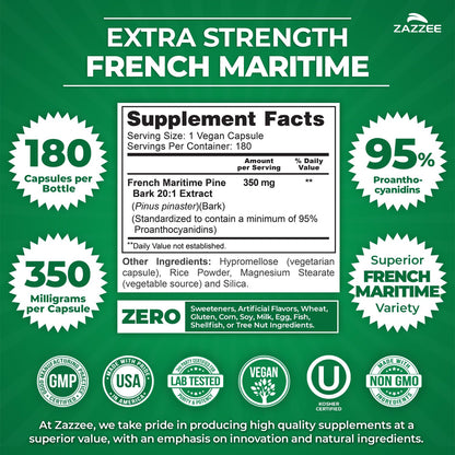 Zazzee Extra Strength French Maritime Pine Bark Extract 20:1 – 350 mg per Capsule, 180 Vegan Capsules