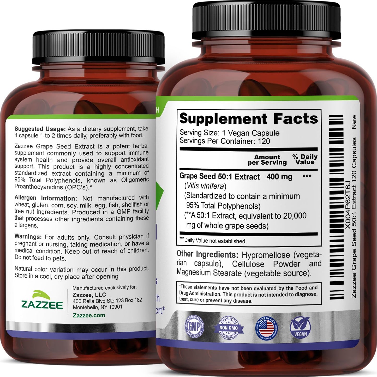 Zazzee Grape Seed Extract 50:1 – 120 Vegan Capsules | 95% Polyphenols