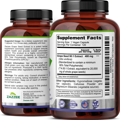 Zazzee Grape Seed Extract 50:1 – 120 Vegan Capsules | 95% Polyphenols