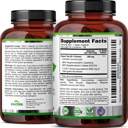 Zazzee Extra Strength Green Tea 20:1 Extract – 6000 mg, 50% EGCG, 150 Capsules, Non-GMO