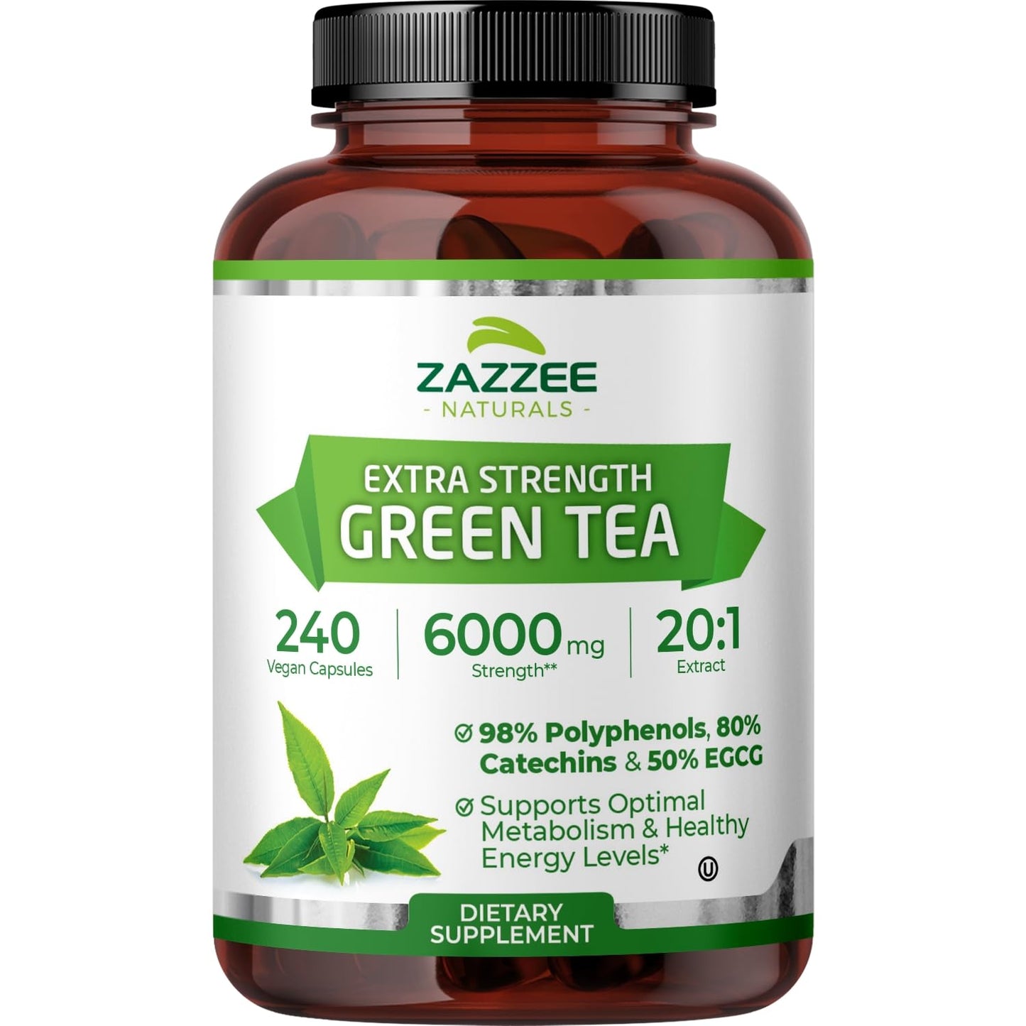 Zazzee Extra Strength Green Tea 20:1 Extract – 6000 mg, 8-Month Supply, 240 Vegan Capsules, 50% EGCG, 98% Polyphenols