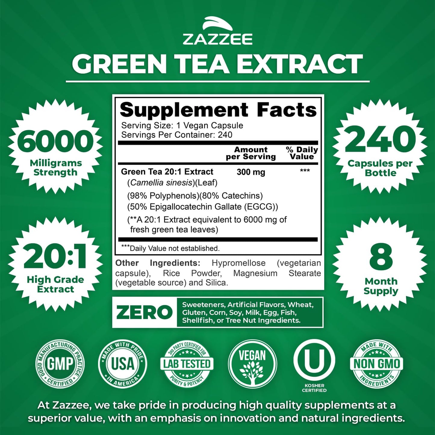 Zazzee Extra Strength Green Tea 20:1 Extract – 6000 mg, 8-Month Supply, 240 Vegan Capsules, 50% EGCG, 98% Polyphenols