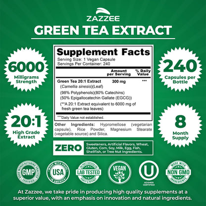 Zazzee Extra Strength Green Tea 20:1 Extract – 6000 mg, 8-Month Supply, 240 Vegan Capsules, 50% EGCG, 98% Polyphenols