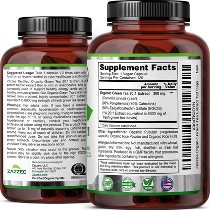 Zazzee USDA Organic Green Tea Extract 6000 mg (20:1) – 120 Capsules, 4 Month Supply, 50% EGCG, 80% Catechins, 98% Polyphenols, Non-GMO