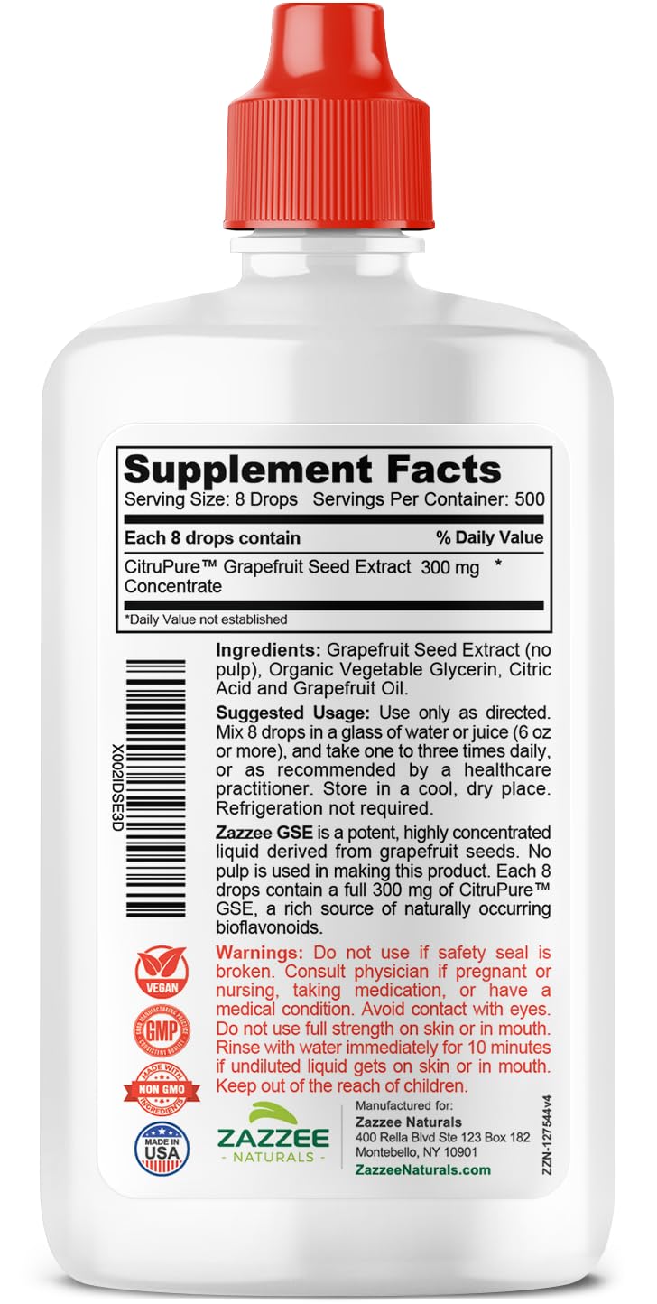Zazzee GSE 3X Triple Strength Grapefruit Seed Extract - 4 oz, 500 Servings, 300 mg/Serving, Vegan, Gluten Free, Made in USA