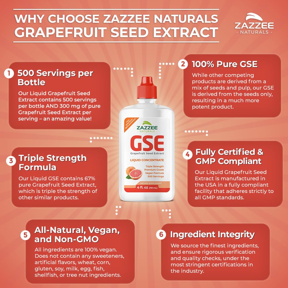 Zazzee GSE 3X Triple Strength Grapefruit Seed Extract - 4 oz, 500 Servings, 300 mg/Serving, Vegan, Gluten Free, Made in USA