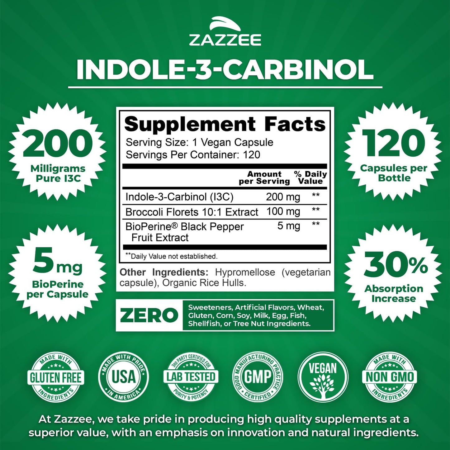 Zazzee Indole-3-Carbinol I3C 200 mg | 120 Vegan Capsules | 5 mg BioPerine