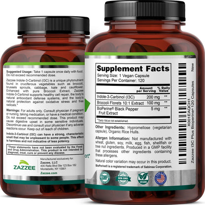Zazzee Indole-3-Carbinol I3C 200 mg | 120 Vegan Capsules | 5 mg BioPerine