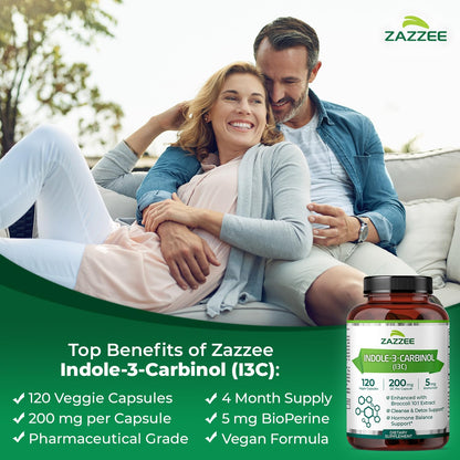 Zazzee Indole-3-Carbinol I3C 200 mg | 120 Vegan Capsules | 5 mg BioPerine