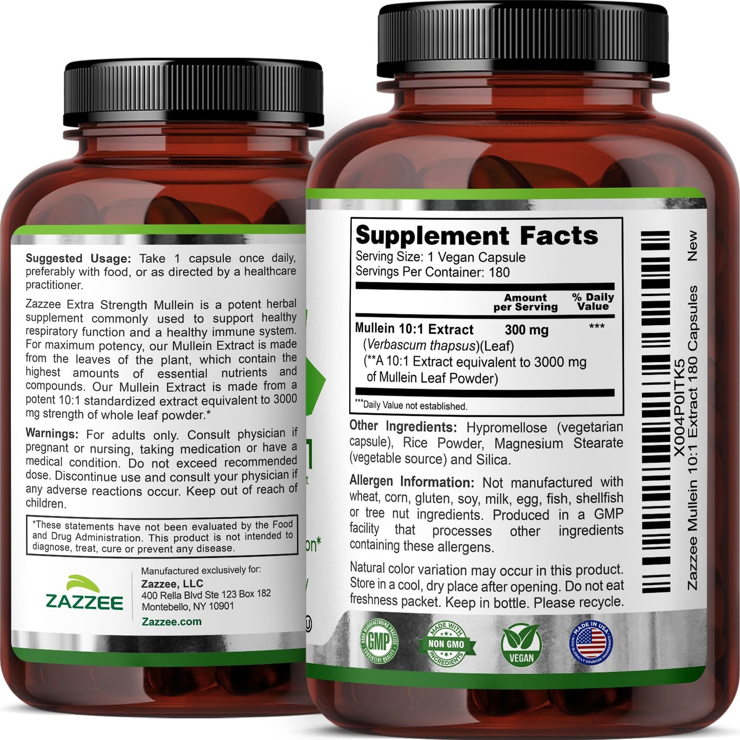 Zazzee Extra Strength Mullein 10:1 Extract – 3000 mg per Capsule, 180 Vegan Capsules, USA Made