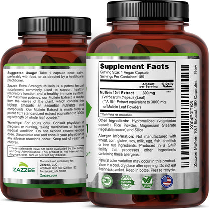 Zazzee Extra Strength Mullein 10:1 Extract – 3000 mg per Capsule, 180 Vegan Capsules, USA Made
