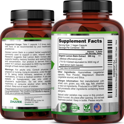 Zazzee Organic Lemon Balm 10:1 Extract – 3000 mg per Capsule, 180 Vegan Capsules