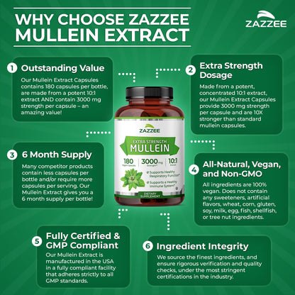 Zazzee Extra Strength Mullein 10:1 Extract – 3000 mg per Capsule, 180 Vegan Capsules, USA Made
