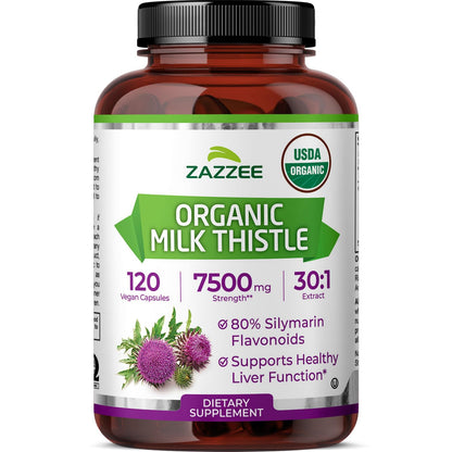 Zazzee USDA Organic Milk Thistle 30:1 Extract - 7500 mg, 120 Veg Capsules