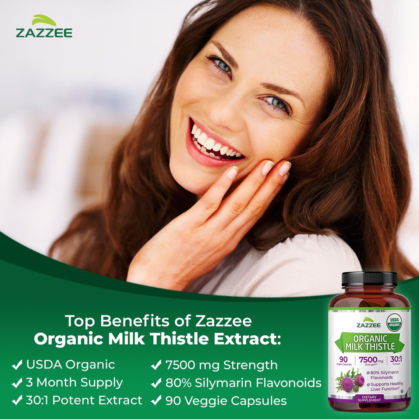 Zazzee USDA Organic Milk Thistle 30:1 Extract – 7500 mg, 90 Vegan Capsules, USA Made