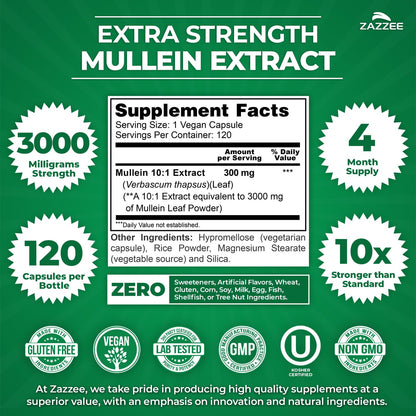 Zazzee Extra Strength Mullein 3000 mg – 120 Veg Capsules (4 Month) | 10:1 Extract