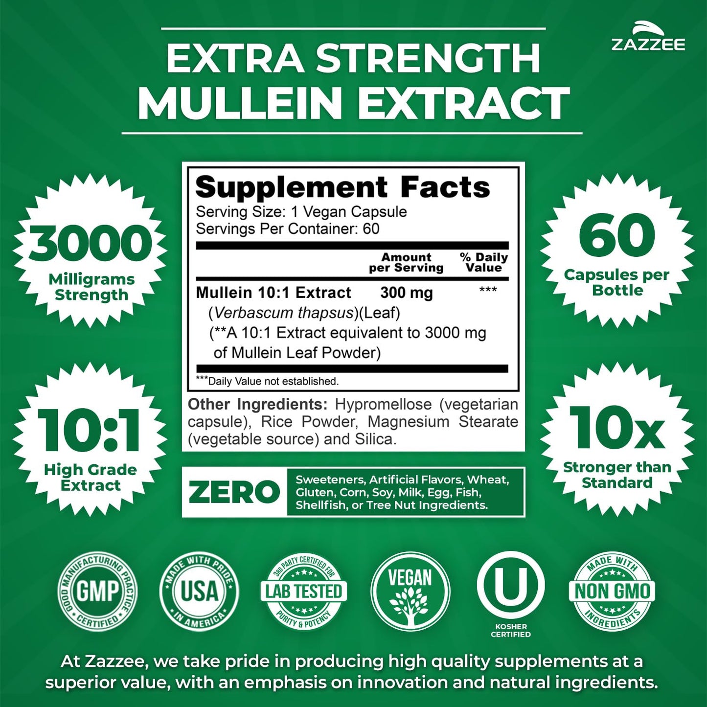 Zazzee Extra Strength Mullein 10:1 Extract – 3000 mg, 60 Vegan Capsules, Made in USA