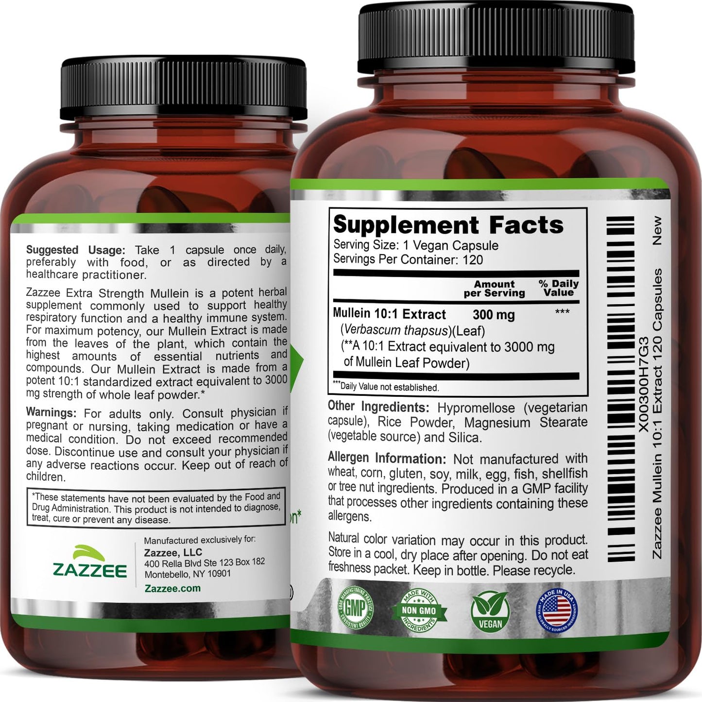 Zazzee Extra Strength Mullein 3000 mg – 120 Veg Capsules (4 Month) | 10:1 Extract
