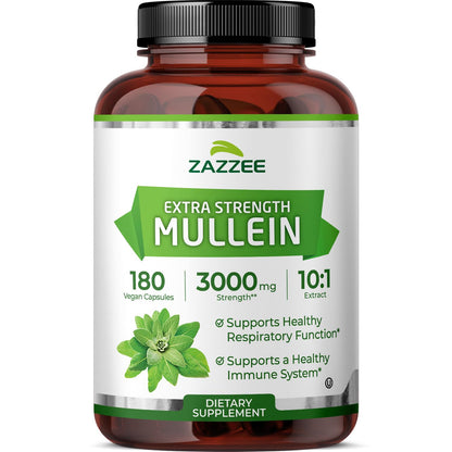 Zazzee Extra Strength Mullein 10:1 Extract – 3000 mg per Capsule, 180 Vegan Capsules, USA Made