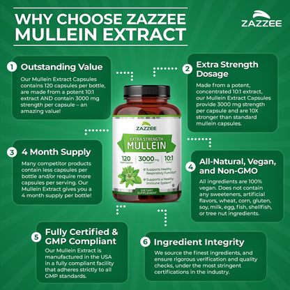 Zazzee Extra Strength Mullein 3000 mg – 120 Veg Capsules (4 Month) | 10:1 Extract