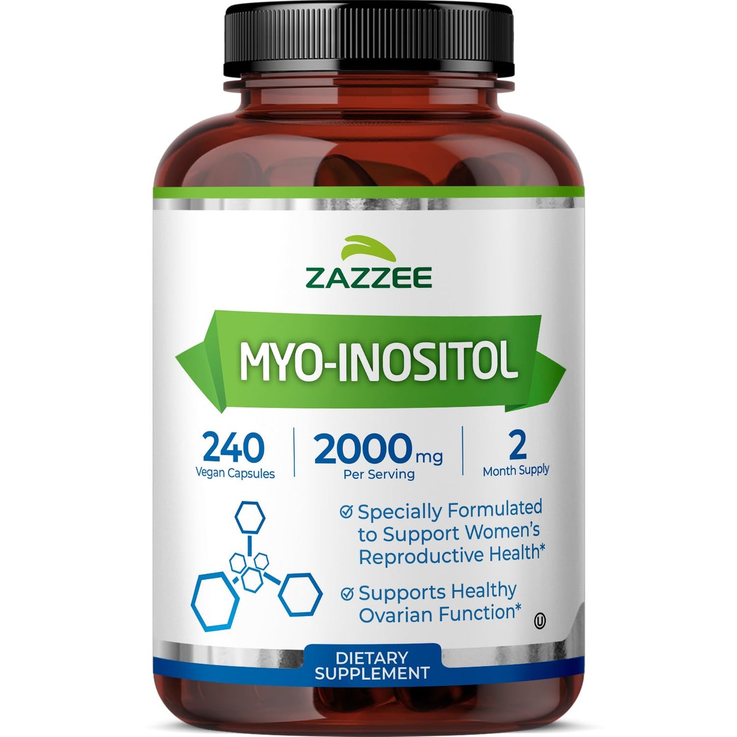 Zazzee Myo-Inositol Capsules - 2000 mg per Serving, 240 Vegetarian Capsules, 40:1 Ratio for Hormone Balance & Ovarian Support