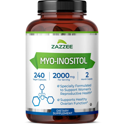 Zazzee Myo-Inositol Capsules - 2000 mg per Serving, 240 Vegetarian Capsules, 40:1 Ratio for Hormone Balance & Ovarian Support