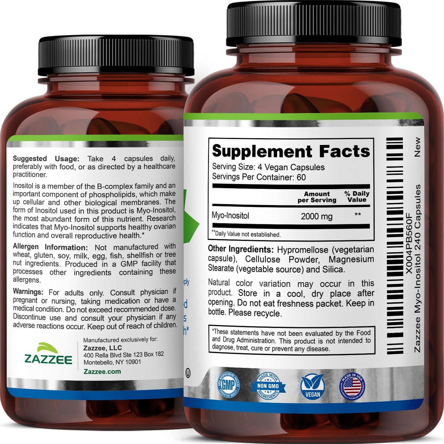 Zazzee Myo-Inositol Capsules - 2000 mg per Serving, 240 Vegetarian Capsules, 40:1 Ratio for Hormone Balance & Ovarian Support