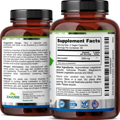 Zazzee Myo-Inositol Capsules - 2000 mg per Serving, 240 Vegetarian Capsules, 40:1 Ratio for Hormone Balance & Ovarian Support