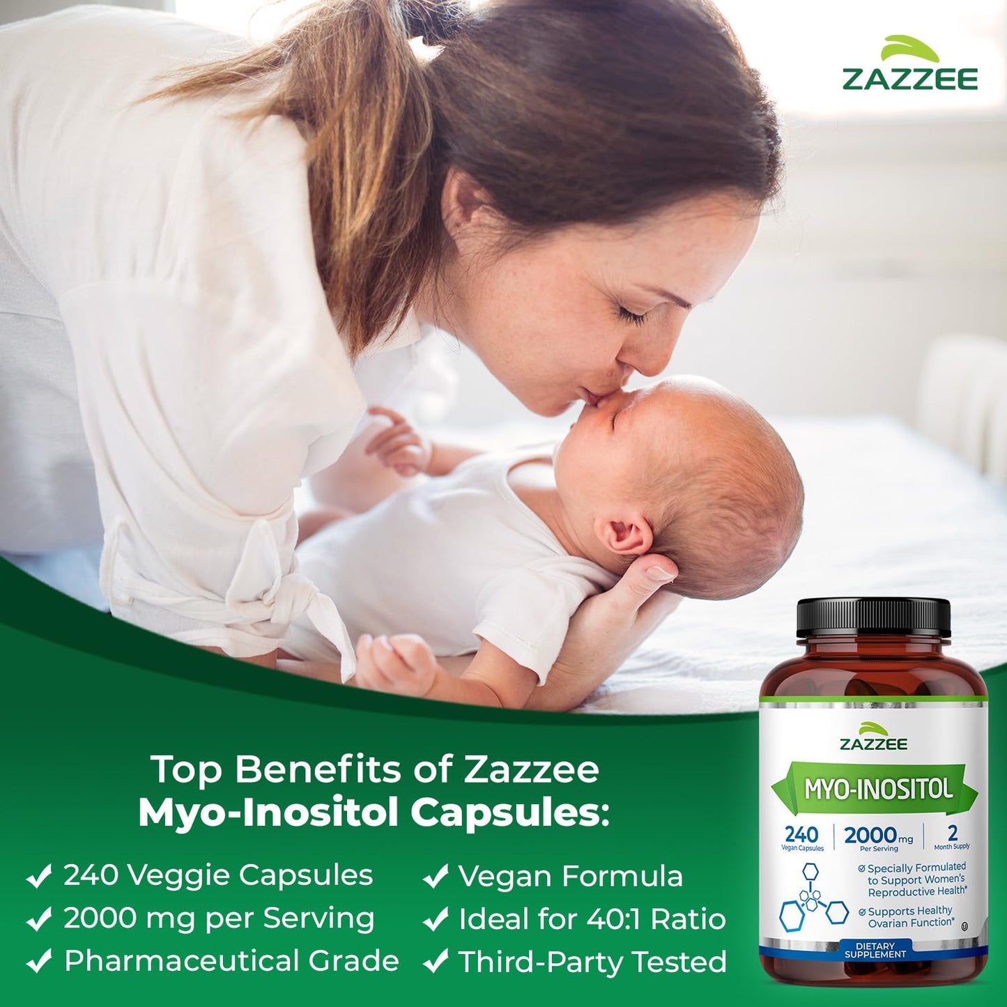 Zazzee Myo-Inositol Capsules - 2000 mg per Serving, 240 Vegetarian Capsules, 40:1 Ratio for Hormone Balance & Ovarian Support
