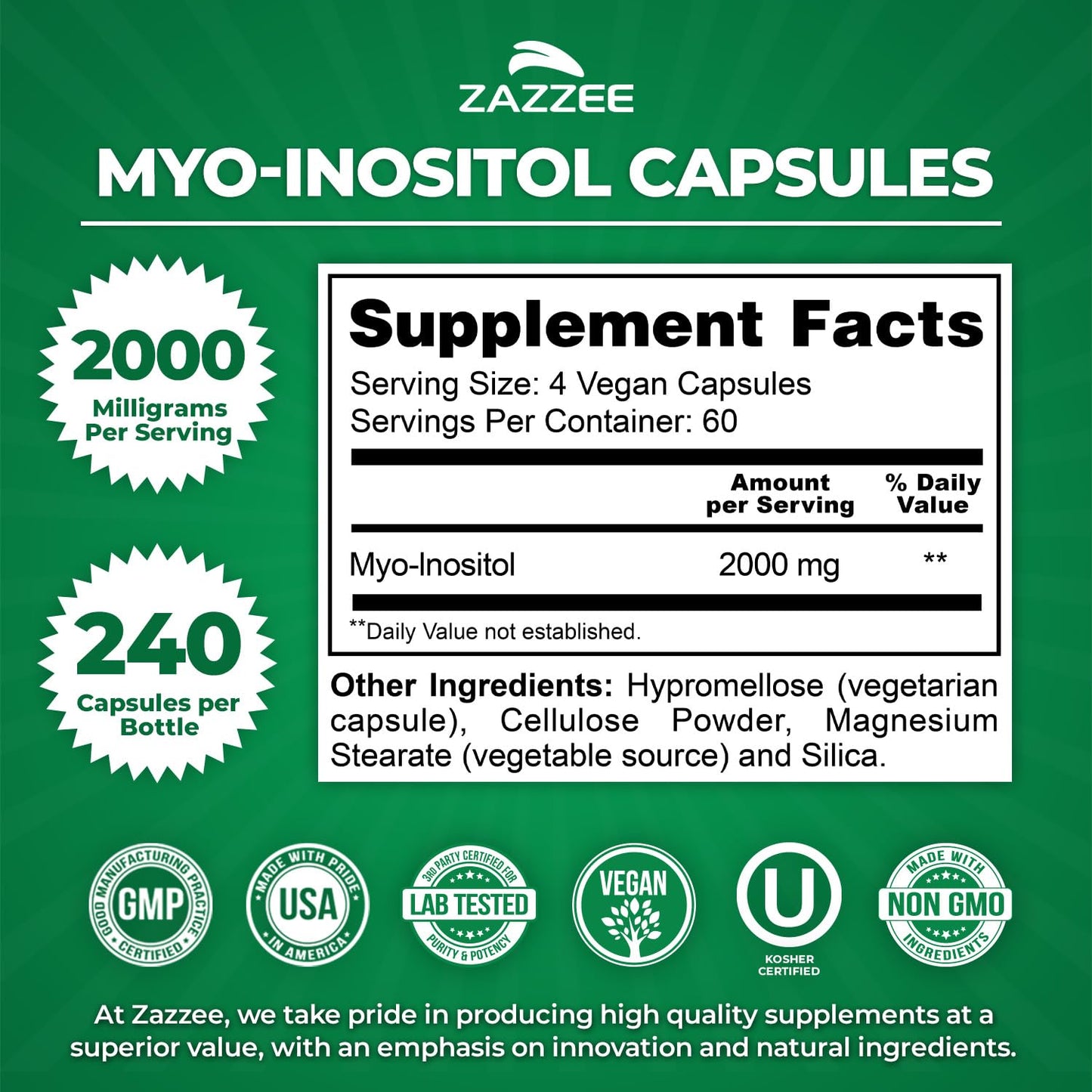 Zazzee Myo-Inositol Capsules - 2000 mg per Serving, 240 Vegetarian Capsules, 40:1 Ratio for Hormone Balance & Ovarian Support