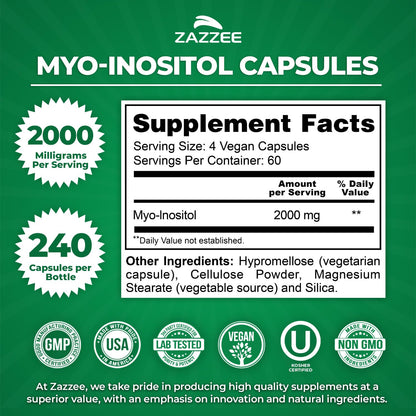 Zazzee Myo-Inositol Capsules - 2000 mg per Serving, 240 Vegetarian Capsules, 40:1 Ratio for Hormone Balance & Ovarian Support