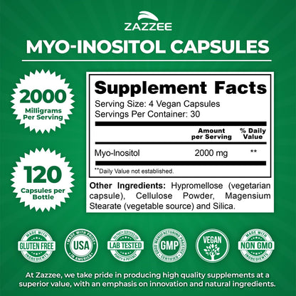 Zazzee Myo-Inositol Capsules — 2000 mg per Serving, 120 Vegan Capsules, 40:1 Ratio, Hormone Balance & Ovarian Support